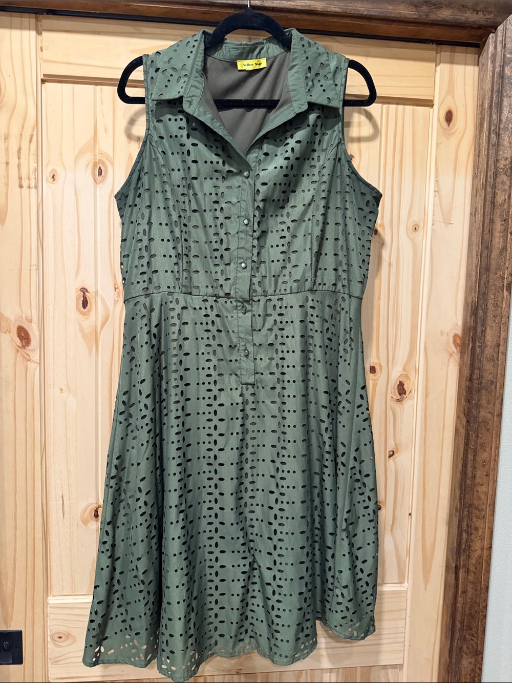 Yellow Star Sleeveless Olive Eyelet Midi Shirtdress